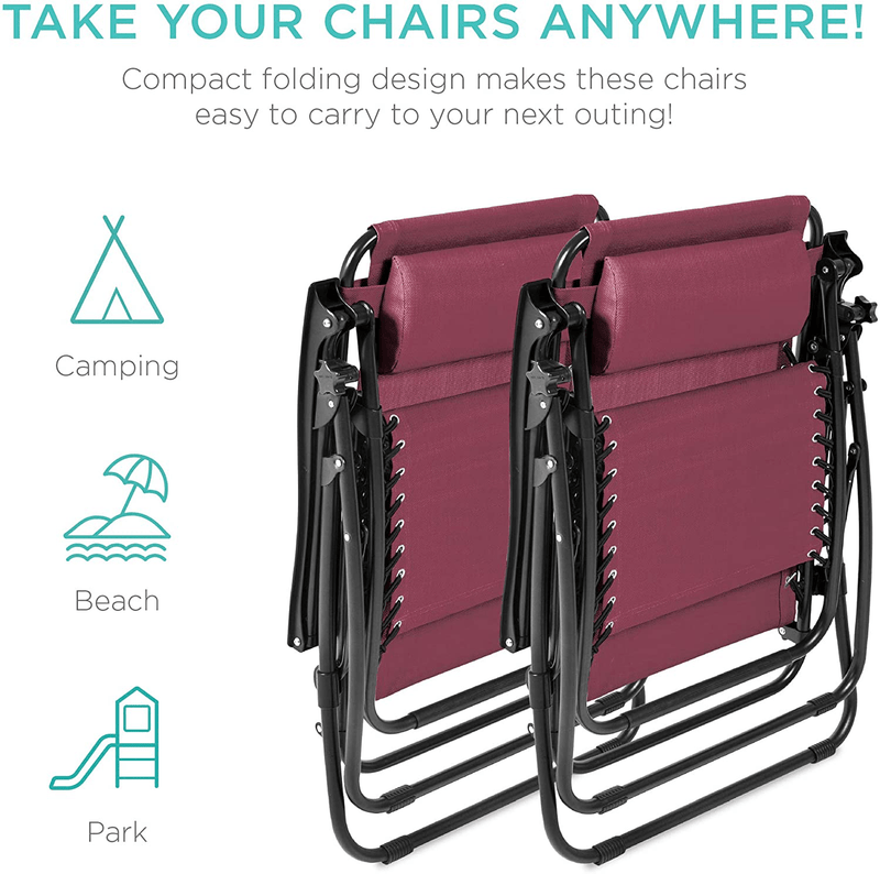 Best Choice Products Set of 2 Adjustable Steel Mesh Zero Gravity Lounge Chair Recliners W/Pillows and Cup Holder Trays - Burgundy