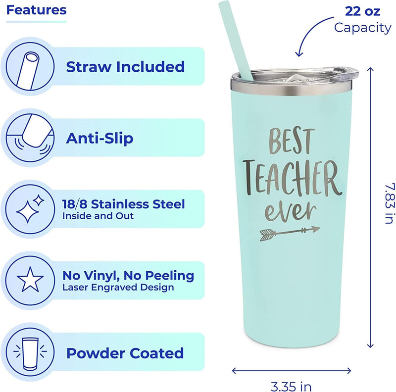 Best Teacher Ever Tumbler | 22Oz Engraved Mint Stainless Steel Insulated Tumbler with Straw |Teacher Travel Mug|New Teacher Tumbler | Teacher Cup | School Teacher Appreciation| Teacher Gifts