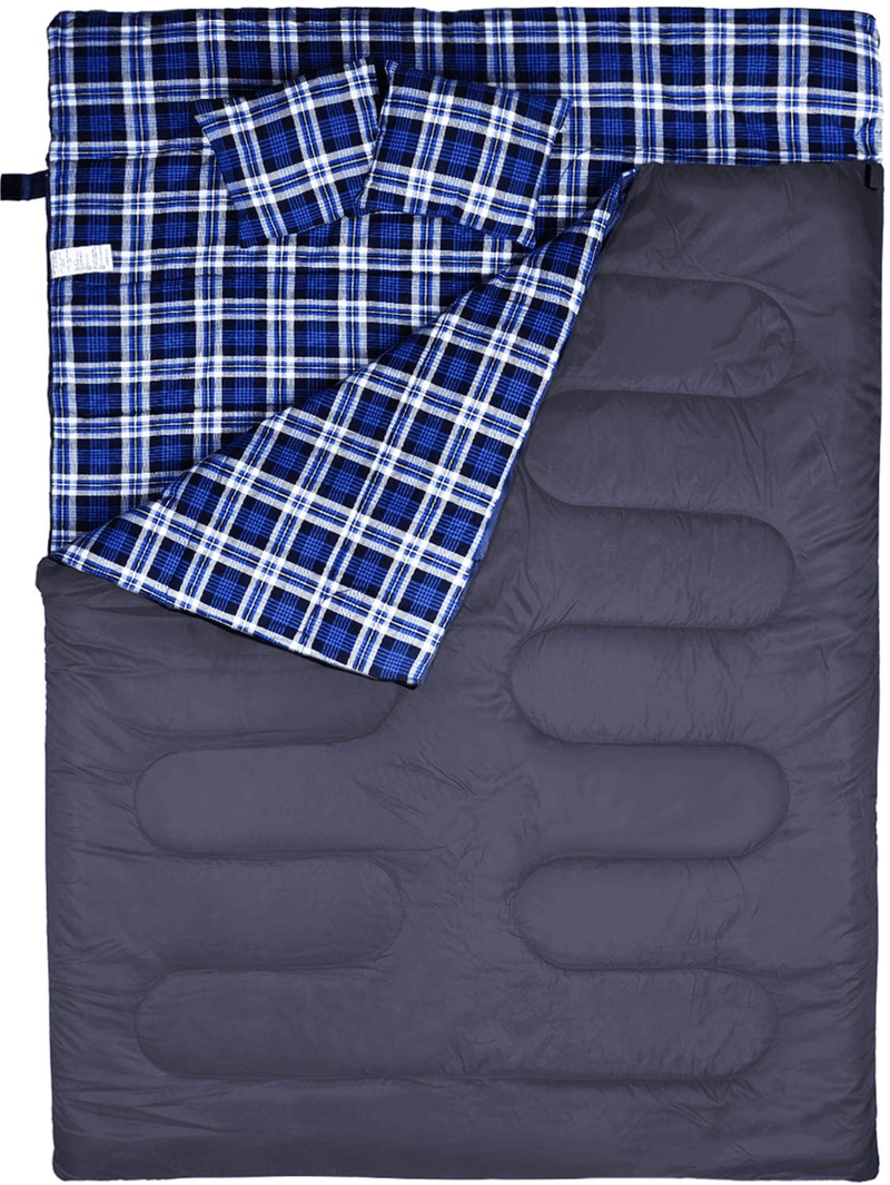 BESTEAM Cotton Flannel Double Sleeping Bag for Camping Backpacking Hiking, 2 Person Waterproof Sleeping Bags with 2 Pillows for Adults, Teens and Kids Indoor Outdoor