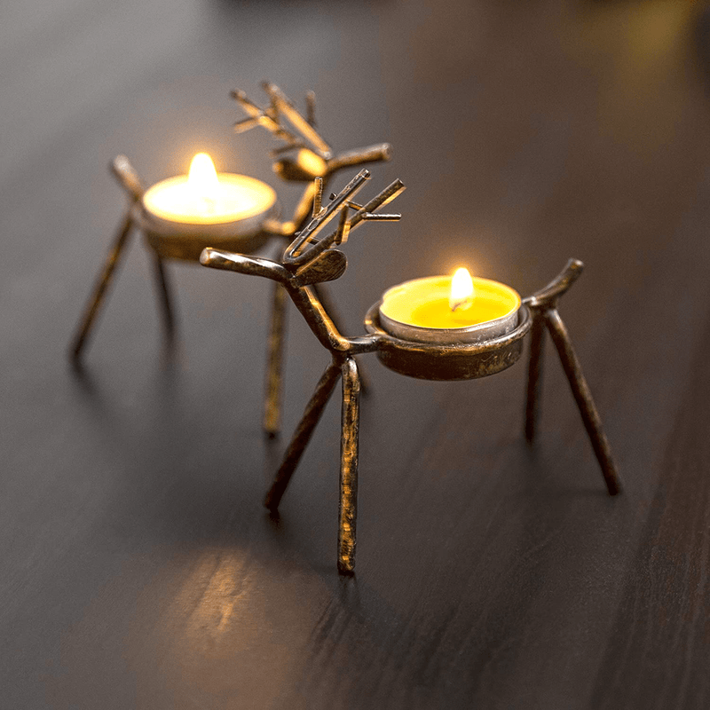 Besti Reindeer Tealight Candle Holders - Set of 6 Standing Iron Metal Christmas Decor with Rustic Bronze Finish - Durable and Rust-Proof Holiday Table Centerpiece and Display - 4.75"W x 1.87"D x 5"H