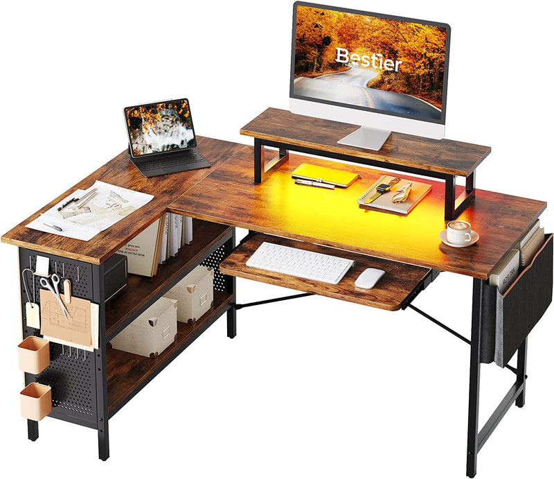 Bestier 55" L Shaped Computer Desk with Enclosed Shelves and Pegboard, Corner Home Office Desk with Keyboard Tray, LED Monitor Stand and Side Storage Bag (Retro Grey Oak) Home & Garden > Household Supplies > Storage & Organization Bestier Rustic Brown  