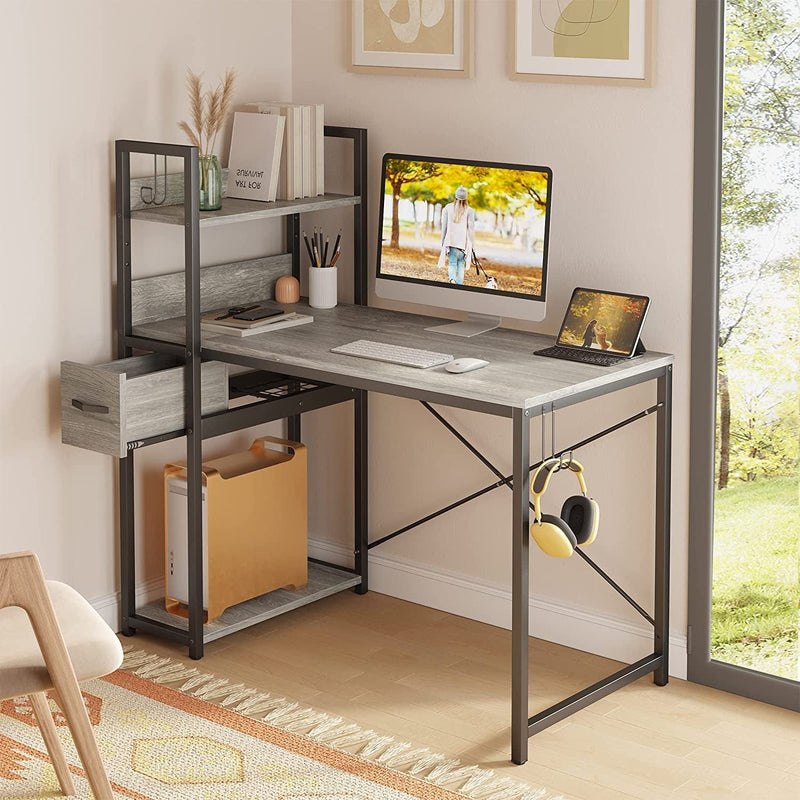 Bestier Computer Desk with Shelves and Drawer, 47 Inch Home Office Desk with Cable Management Rack, Writing Desk with Reversible Storage Shelf and 2 Hooks (Retro Grey Oak Light) Home & Garden > Household Supplies > Storage & Organization Bestier   