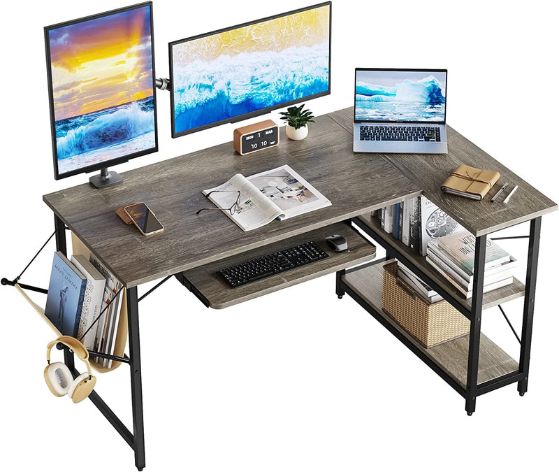 Bestier L Shaped Desk with Shelves 55 Inch Corner Computer Desk Writing Study Table with Keyboard Tray and Storage Bag for Home Office, White Wash Home & Garden > Household Supplies > Storage & Organization CZ Grey  