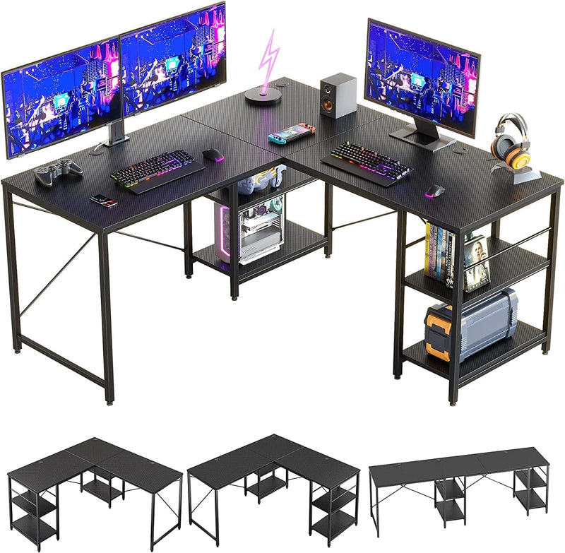 Bestier L Shaped Desk with Shelves 95.2 Inch Reversible Corner Computer Desk or 2 Person Long Table for Home Office Large Gaming Writing Storage Workstation P2 Board with 3 Cable Holes, Grey Oak