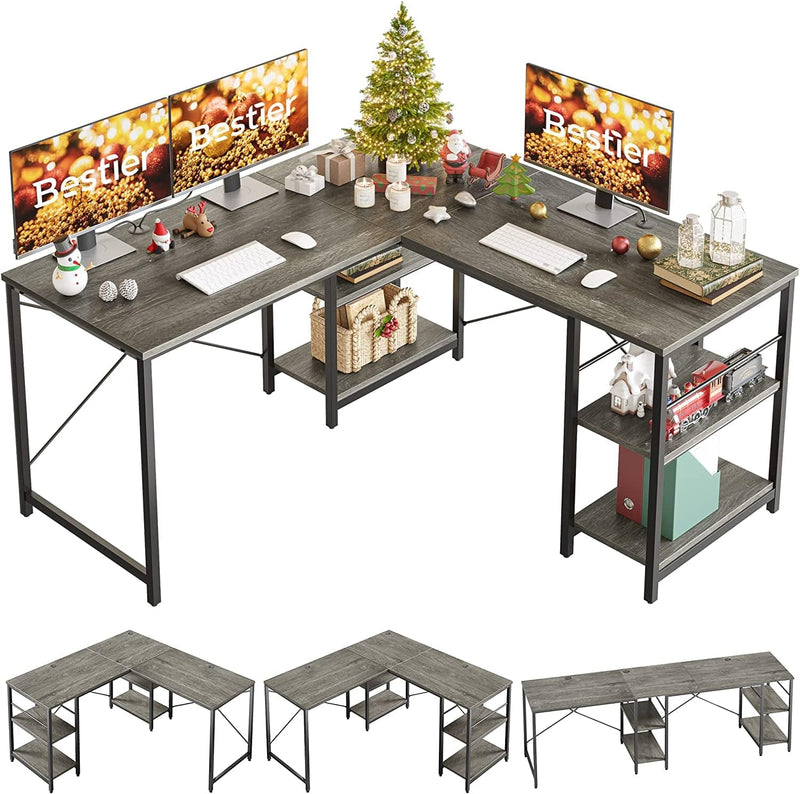 Bestier L Shaped Desk with Shelves 95.2 Inch Reversible Corner Computer Desk or 2 Person Long Table for Home Office Large Gaming Writing Storage Workstation P2 Board with 3 Cable Holes, Grey Oak Home & Garden > Household Supplies > Storage & Organization CZ Grey 95 Inch 