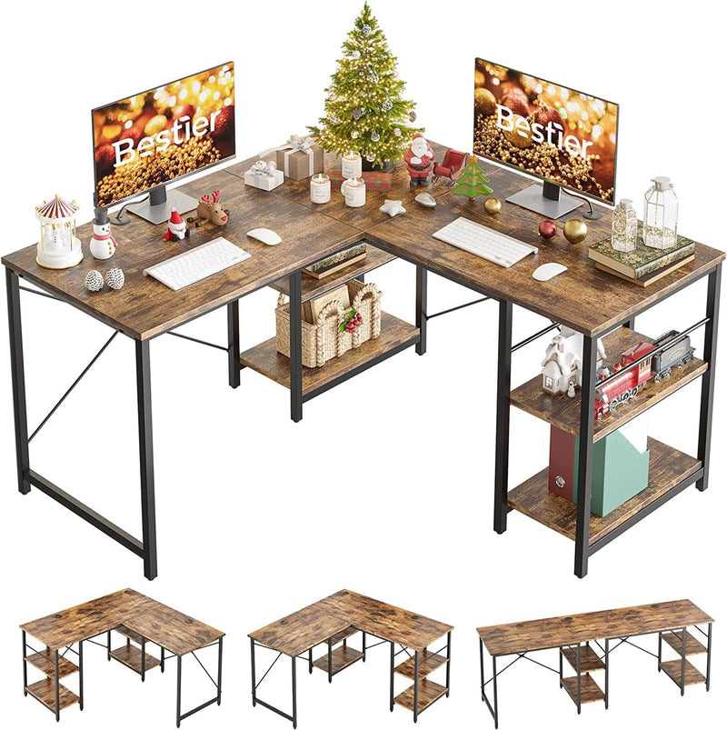 Bestier L Shaped Desk with Shelves 95.2 Inch Reversible Corner Computer Desk or 2 Person Long Table for Home Office Large Gaming Writing Storage Workstation P2 Board with 3 Cable Holes, Grey Oak Home & Garden > Household Supplies > Storage & Organization CZ Rustic Brown 86 Inch 