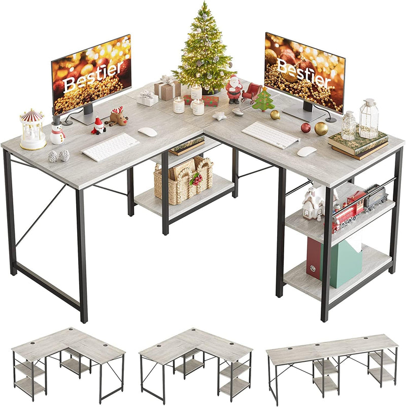 Bestier L Shaped Desk with Shelves 95.2 Inch Reversible Corner Computer Desk or 2 Person Long Table for Home Office Large Gaming Writing Storage Workstation P2 Board with 3 Cable Holes, Grey Oak Home & Garden > Household Supplies > Storage & Organization CZ Gray Oak 86 Inch 