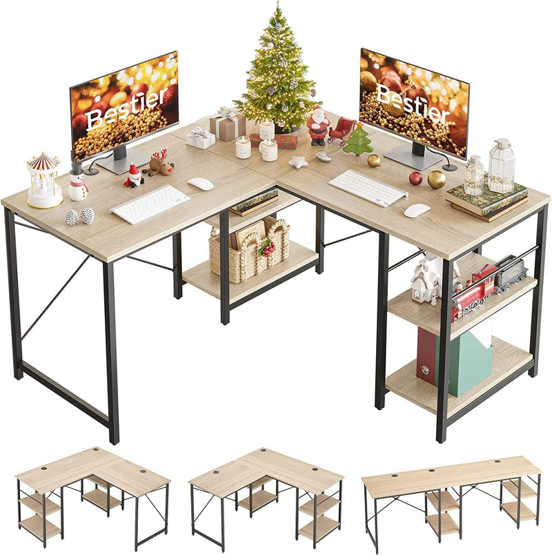 Bestier L Shaped Desk with Shelves 95.2 Inch Reversible Corner Computer Desk or 2 Person Long Table for Home Office Large Gaming Writing Storage Workstation P2 Board with 3 Cable Holes, Grey Oak Home & Garden > Household Supplies > Storage & Organization CZ Oak 86 Inch 