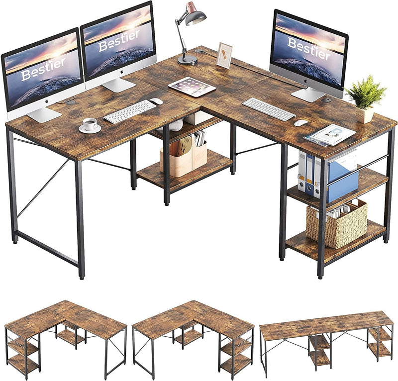Bestier L Shaped Desk with Shelves 95.2 Inch Reversible Corner Computer Desk or 2 Person Long Table for Home Office Large Gaming Writing Storage Workstation P2 Board with 3 Cable Holes, Grey Oak Home & Garden > Household Supplies > Storage & Organization CZ Rustic Brown 95 Inch 