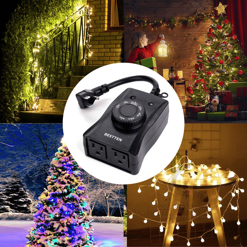 BESTTEN Outdoor Timer with Photocell Light Sensor and 2 Grounded Outlets, Dusk to Dawn and Countdown Modes, Weatherproof Plug In Switch for Holiday Decoration, Christmas Lights and Outdoor Lighting