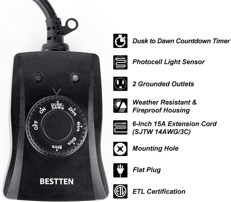 BESTTEN Outdoor Timer with Photocell Light Sensor and 2 Grounded Outlets, Dusk to Dawn and Countdown Modes, Weatherproof Plug In Switch for Holiday Decoration, Christmas Lights and Outdoor Lighting Home & Garden > Lighting Accessories > Lighting Timers BESTTEN   