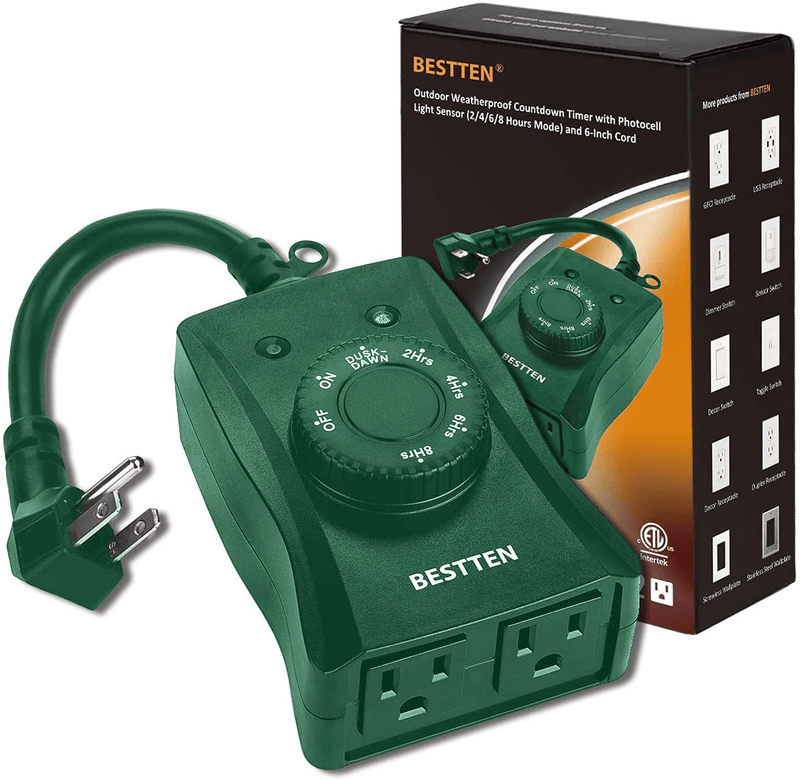 BESTTEN Outdoor Timer with Photocell Light Sensor and 2 Grounded Outlets, Dusk to Dawn and Countdown Modes, Weatherproof Plug In Switch for Holiday Decoration, Christmas Lights and Outdoor Lighting Home & Garden > Lighting Accessories > Lighting Timers BESTTEN Green 1 