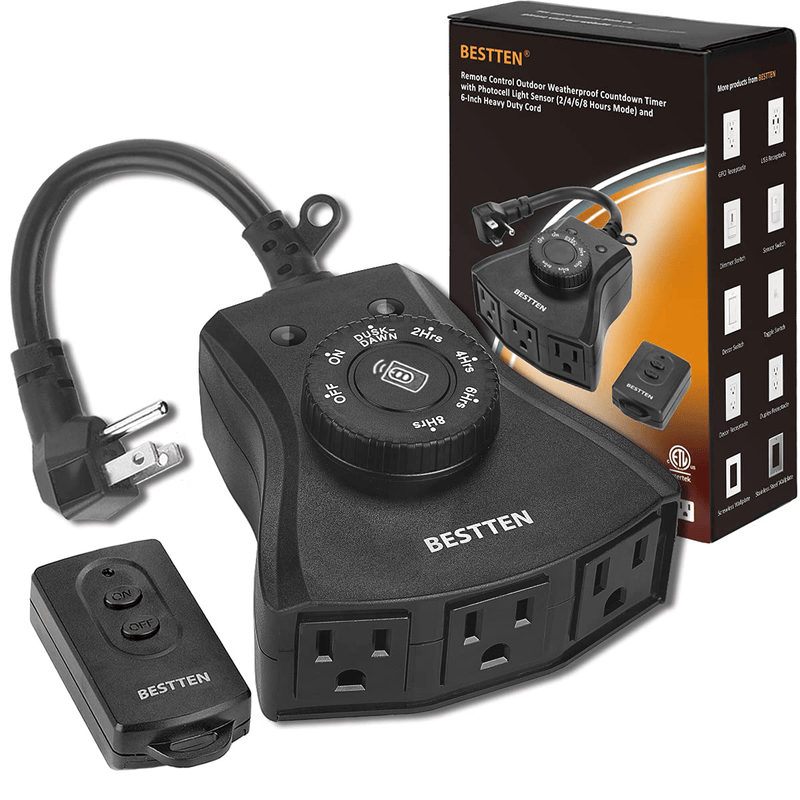 BESTTEN Remote Control Outdoor Outlet with Dusk to Dawn and Photocell Countdown Timer Functions, 3 Grounded Outlets, ETL and FCC Certified, Black