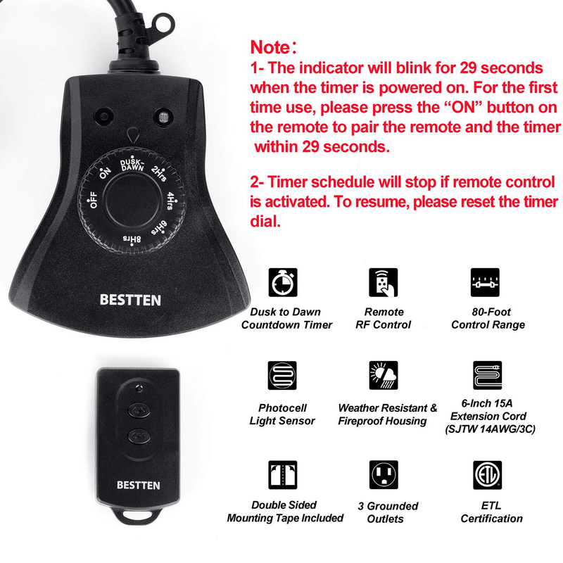 BESTTEN Remote Control Outdoor Outlet with Dusk to Dawn and Photocell Countdown Timer Functions, 3 Grounded Outlets, ETL and FCC Certified, Black Home & Garden > Lighting Accessories > Lighting Timers BESTTEN   