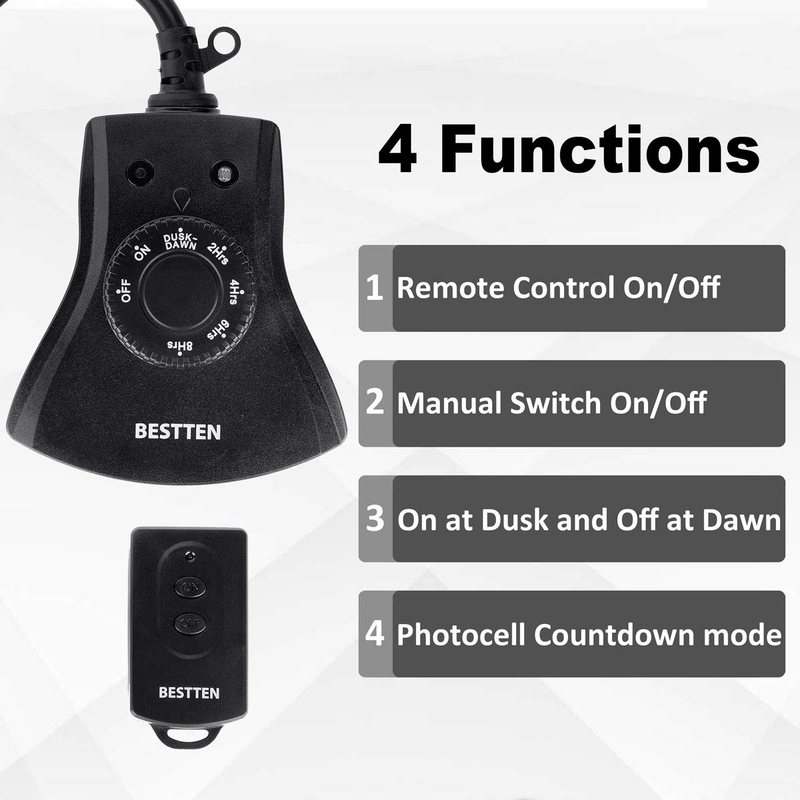 BESTTEN Remote Control Outdoor Outlet with Dusk to Dawn and Photocell Countdown Timer Functions, 3 Grounded Outlets, ETL and FCC Certified, Black