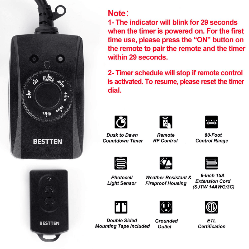 BESTTEN Remote Control Outdoor Outlet with Dusk to Dawn and Photocell Countdown Timer Functions, ETL and FCC Certified, Black Home & Garden > Lighting Accessories > Lighting Timers BESTTEN   