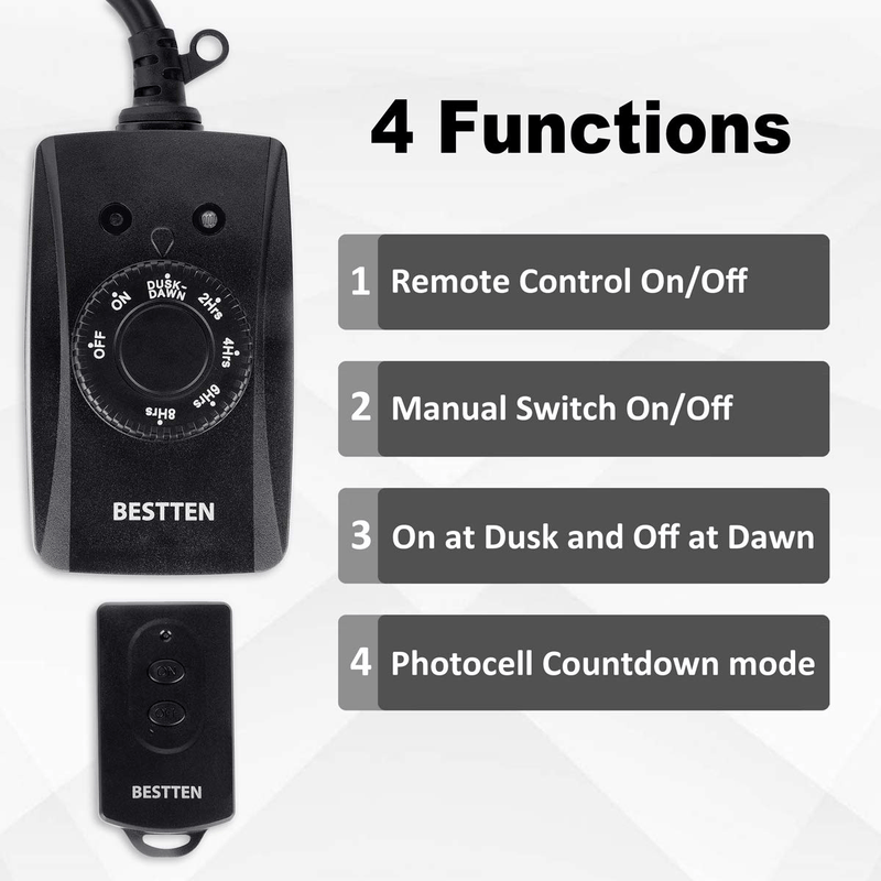 BESTTEN Remote Control Outdoor Outlet with Dusk to Dawn and Photocell Countdown Timer Functions, ETL and FCC Certified, Black Home & Garden > Lighting Accessories > Lighting Timers BESTTEN   