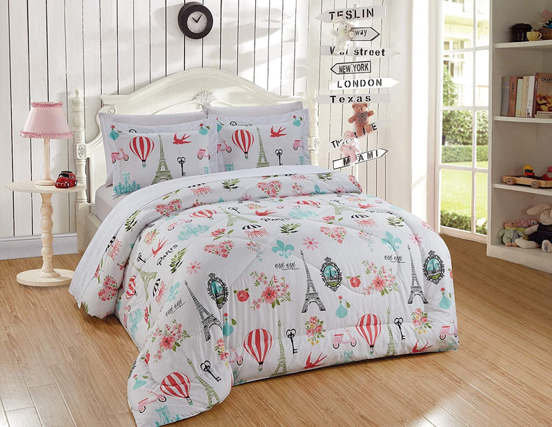 Better Home Style Pink White Blue Green Floral Paris Eiffel Tower Bonjour Flowers Design 5 Piece Comforter Bedding Set Bed in a Bag with Complete Sheet Set