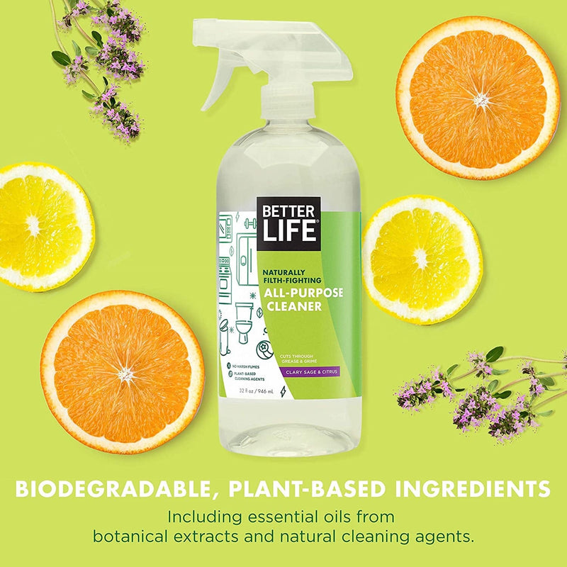 BETTER LIFE All Purpose Cleaner, Multipurpose Home and Kitchen Cleaning Spray for Glass, Countertops, Appliances, Upholstery & More, Multi-Surface Spray Cleaner - 32Oz (Pack of 2) Clary Sage & Citrus Home & Garden > Household Supplies > Household Cleaning Supplies Better Life   