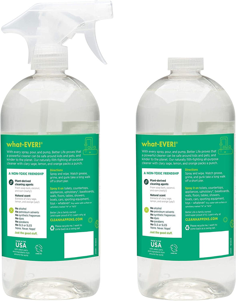 BETTER LIFE All Purpose Cleaner, Multipurpose Home and Kitchen Cleaning Spray for Glass, Countertops, Appliances, Upholstery & More, Multi-Surface Spray Cleaner - 32Oz (Pack of 2) Clary Sage & Citrus Home & Garden > Household Supplies > Household Cleaning Supplies Better Life   