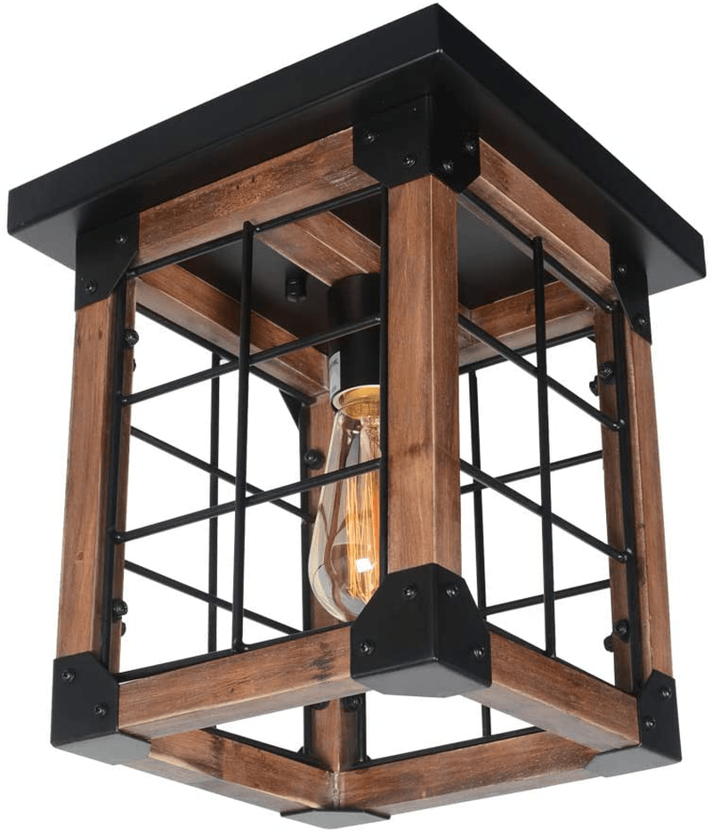 Beuhouz Small Square Farmhouse Flush Mount Ceiling Lighting, 1-Light Black Metal and Wood Rustic Ceiling Light Fixture Industrial Mini Close to Ceiling Wire Cage Light Edison E26 8057 Home & Garden > Lighting > Lighting Fixtures > Ceiling Light Fixtures KOL DEALS   