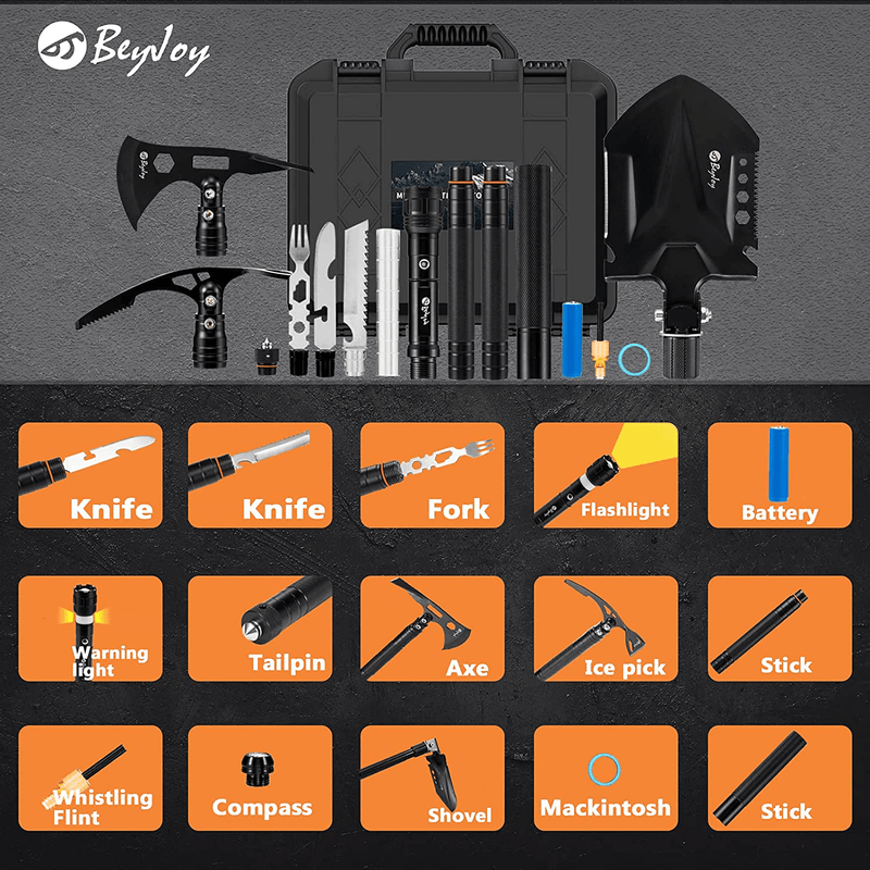 Beyjoy Heavy Outdoor Survival Tactical Gear Tactical Toolbox Equipment Set，Camping Hiking Garden -Manganese Steel Military Folding Engineer Shovel Axe Ice Pick Knife Fork Torch Compas Sporting Goods > Outdoor Recreation > Camping & Hiking > Camping Tools BeyJoy   