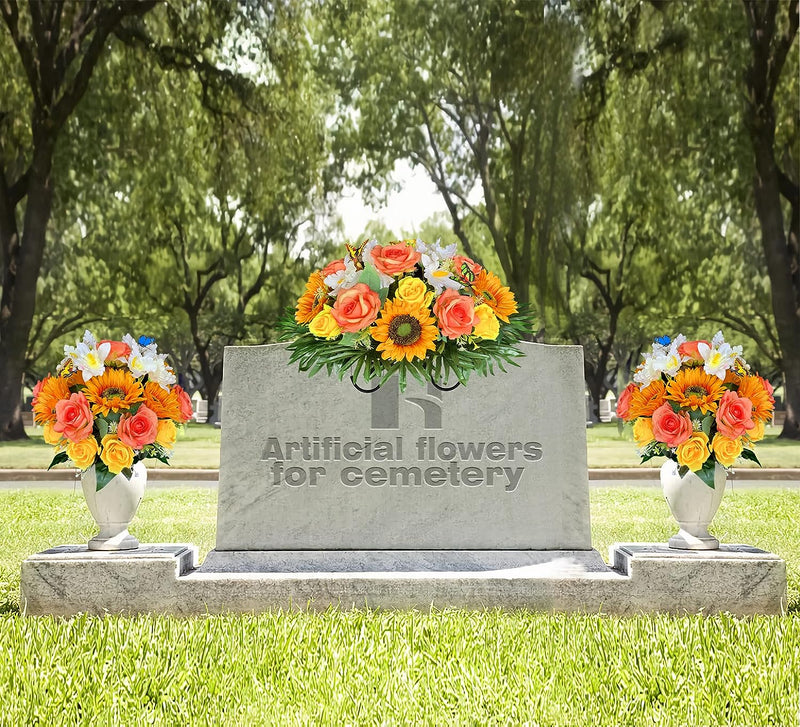 HENOMO Artificial Cemetery Flower with Vase,Headstone Flower Saddle, Non-Bleed Colors, Grave Arrangement for Sympathy,Graveside Decoration, Butterfly Include  HENOMO   
