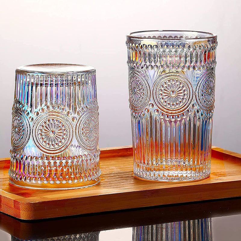 Kingrol 6 Pack 9 Oz Romantic Water Glasses, Iridescent Drinking Glasses Tumblers, Vintage Glassware Set for Juice, Beverages, Beer, Cocktail