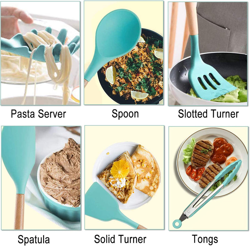 Kitchen Utensil Set Silicone Cooking Utensils, CROSDE 19Pcs Kitchen Utensils Set Tools Wooden Handle Spoons Spatula Set Cookware Turner Tongs Kitchen Gadgets with Holder - Teal Home & Garden > Kitchen & Dining > Kitchen Tools & Utensils CROSDE   