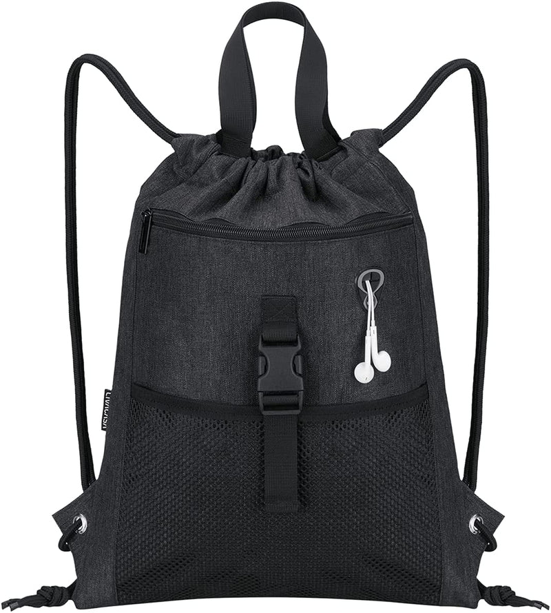 LIVACASA Drawstring Bag Gym with Pockets Sports Sack with Handle Drawstring Backpack Travel for Men Women Home & Garden > Household Supplies > Storage & Organization LIVACASA Black  