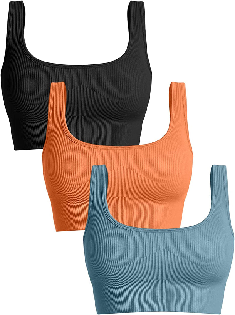 OQQ Women'S 3 Piece Medium Support Tank Top Ribbed Seamless Removable Cups Workout Exercise Sport Bra Sporting Goods > Outdoor Recreation > Winter Sports & Activities OQQ Black Orange Blue Medium 