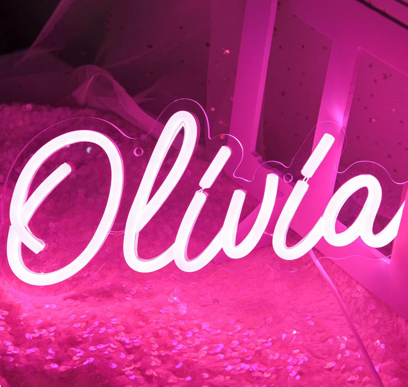 ATTNEON Pink Emma Neon Sign,Personalized LED Name Neon Light for Kids Bedroom,Birthday Party Decoration,Usb Powered Light for Wall Decor,Best Gift for Girls,Size 11.8 * 5.1 Inches(Jtld015-8)  attneon Olivia-Pink  