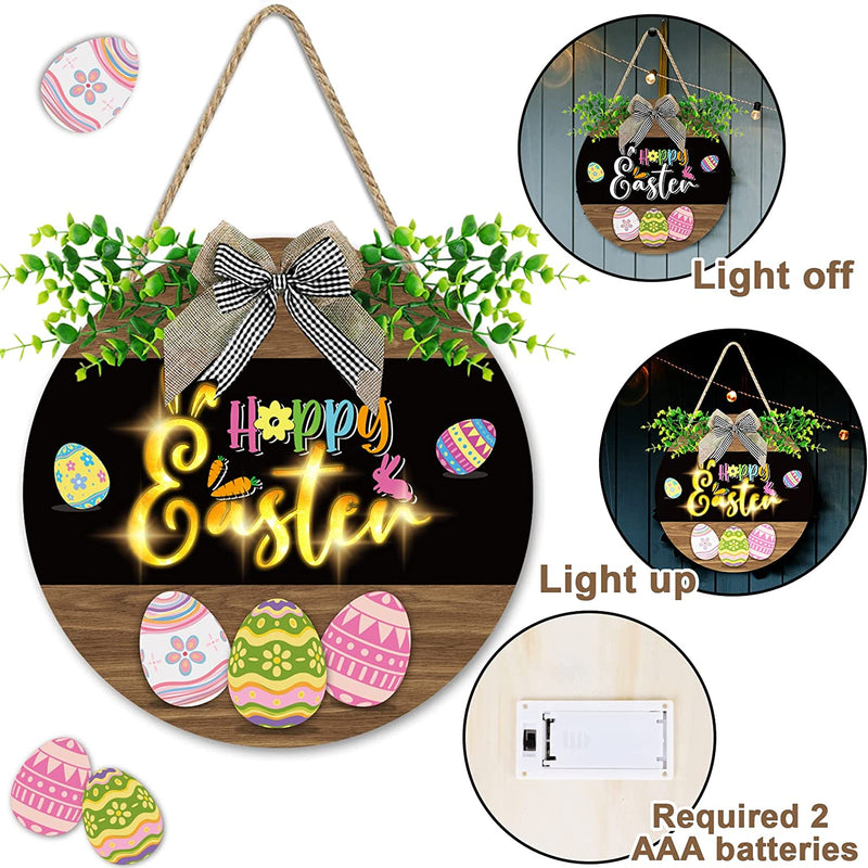 Happy Easter Door Decoration Hanging Sign Lighted Easter Outdoor Welcome Wooden Sign Bow Rustic Easter Eggs Bunny Rabbit Wreath Sign for Easter Spring Holiday Front Door Wall Farmhouse Porch Decor Home & Garden > Decor > Seasonal & Holiday Decorations gisgfim   