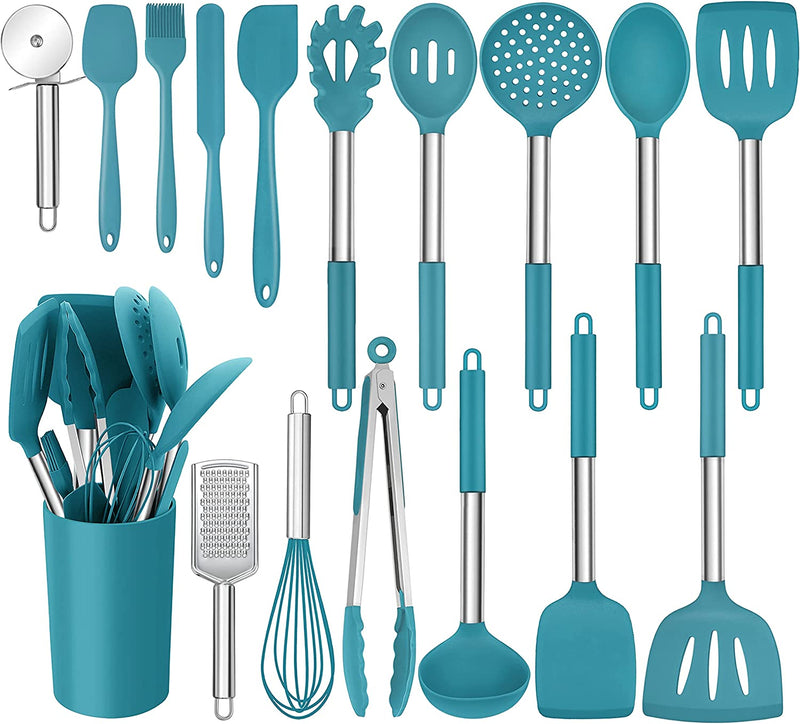 Homikit 17 Pieces Silicone Kitchen Utensils with Holder, Blue Cooking Utensils Sets Stainless Steel Handle, Nonstick Kitchen Tools Include Spatula Spoons Turner Pizza Cutter, Heat Resistant Home & Garden > Kitchen & Dining > Kitchen Tools & Utensils Homikit Blue  