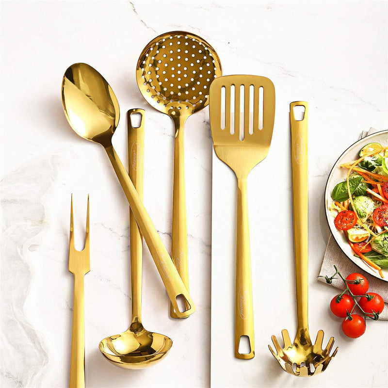 DISHWASHER SAFE Utensil Set, Marco Almond® Golden Titanium Utensils Sets, Stainless Steel Kitchen Cooking Spoons, Ladle Skimmer & Spatula Utensil Sets,6Pcs Frying & Grilling Cookware Tools Home & Garden > Kitchen & Dining > Kitchen Tools & Utensils Marco Almond   