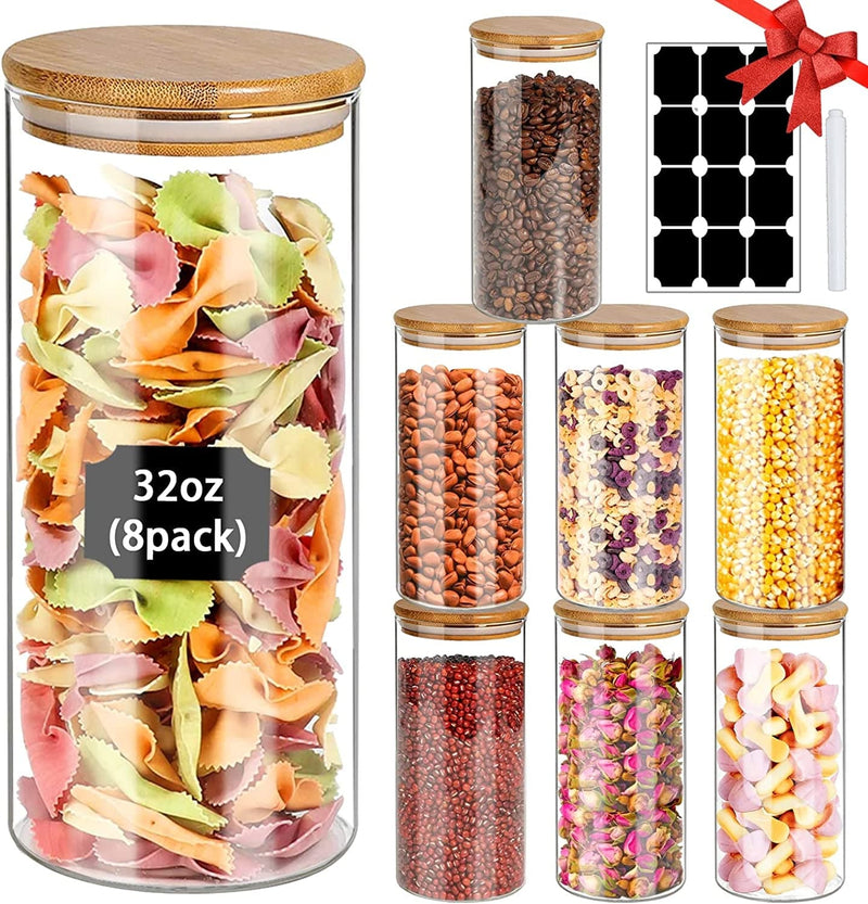 Bgraceyy Glass Food Storage Jars with Bamboo Wood Airtight Lids 32Oz Stackable Clear Glass Storage Containers for Home Kitchen, Oatmeal, Nut, Coffee, Candy, Tea, Spice, Other Dry Food Pantry Jars with Wooden Lids Labels and Pen Set of 8 PCS Home & Garden > Decor > Decorative Jars BGraceyy   