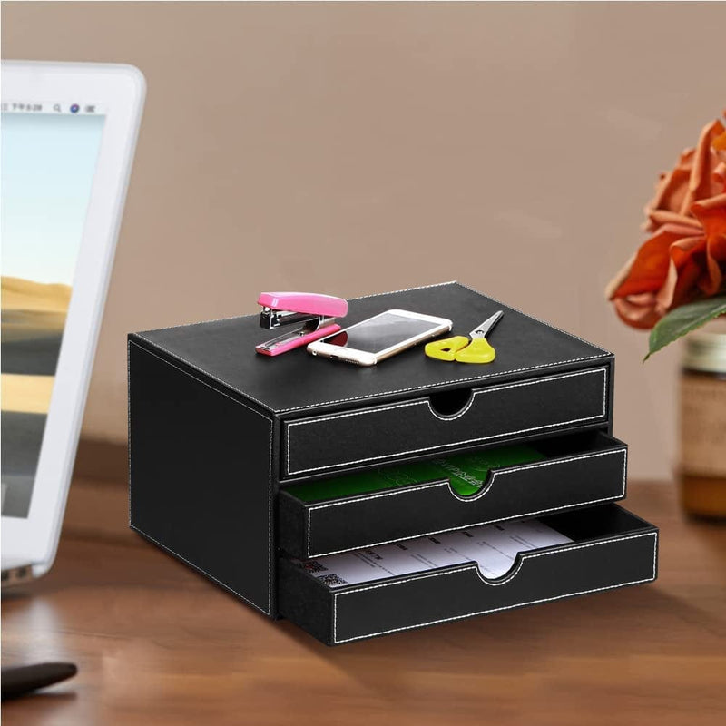 BIBELUN Desk Organizer with 3 Tier Sliding Drawers,Pu Leather Desktop Accessories & Workspace Organizers A4 Paper Sorter/Multifunctional / Office Storage for Letters, Documents, Mail, Files