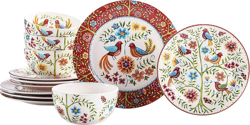 Bico Red Spring Bird Ceramic 12 Pcs Dinnerware Set, Service for 4, Inclusive of 11 Inch Dinner Plates, 8.75 Inch Salad Plates and 26Oz Cereal Bowls, for Party, Microwave & Dishwasher Safe