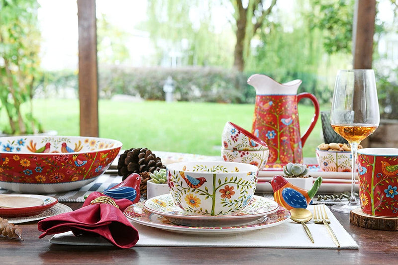 Bico Red Spring Bird Ceramic 16 Pcs Dinnerware Set, Service for 4, Inclusive of 11 Inch Dinner Plates, 8.75 Inch Salad Plates, 26Oz Cereal Bowls and Mugs, for Party, Microwave & Dishwasher Safe