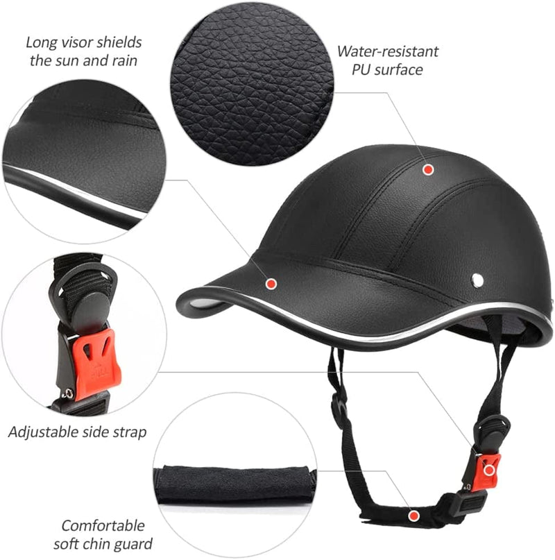 Bicycle Baseball Helmets Bike Helmet Adults- ABS Leather Cycling Safety Helmet with Adjustable Strap for Adult Men Women Black (Size: 11.2-5.5In)