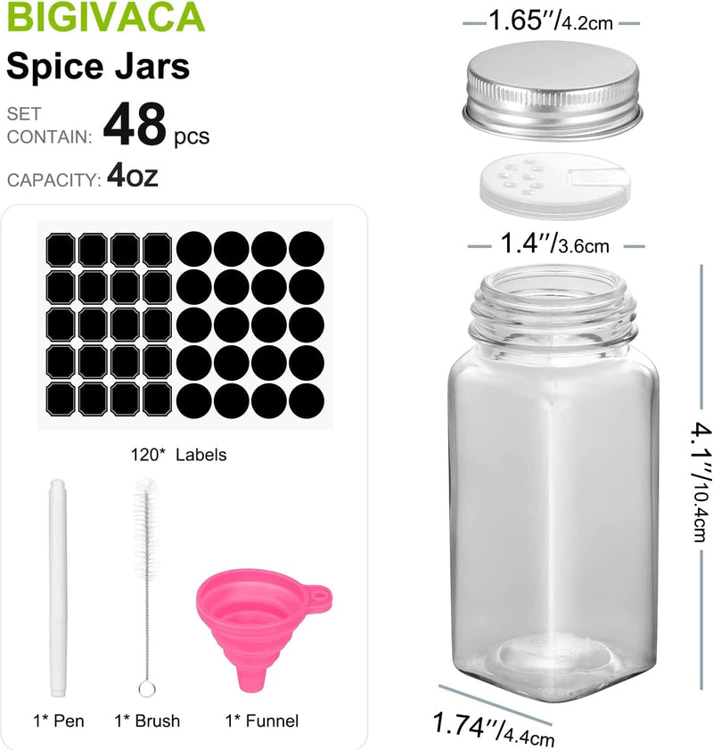 BIGIVACA 48 Pack 4 Oz Clear Glass Spice Jars,Empty Square Spice Bottles,Glass Seasoning Jars,Spice Containers with Aluminum Caps,Shaker Lids,1 Pen,120 Black Labels and 1 Foldable Silicone Funnel. Home & Garden > Decor > Decorative Jars BIGIVACA   