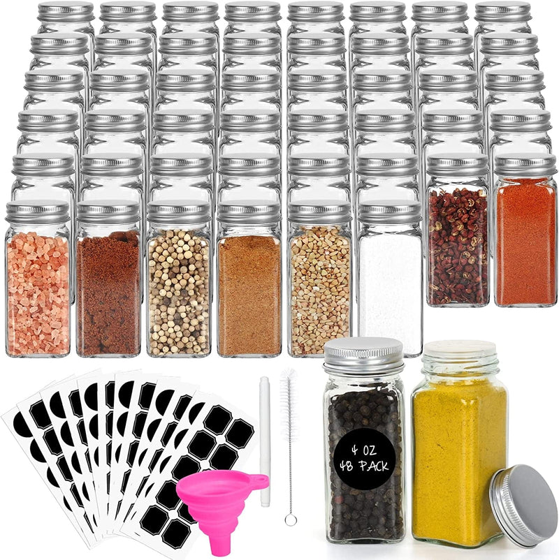 BIGIVACA 48 Pack 4 Oz Clear Glass Spice Jars,Empty Square Spice Bottles,Glass Seasoning Jars,Spice Containers with Aluminum Caps,Shaker Lids,1 Pen,120 Black Labels and 1 Foldable Silicone Funnel. Home & Garden > Decor > Decorative Jars BIGIVACA 4 oz-48 pcs  