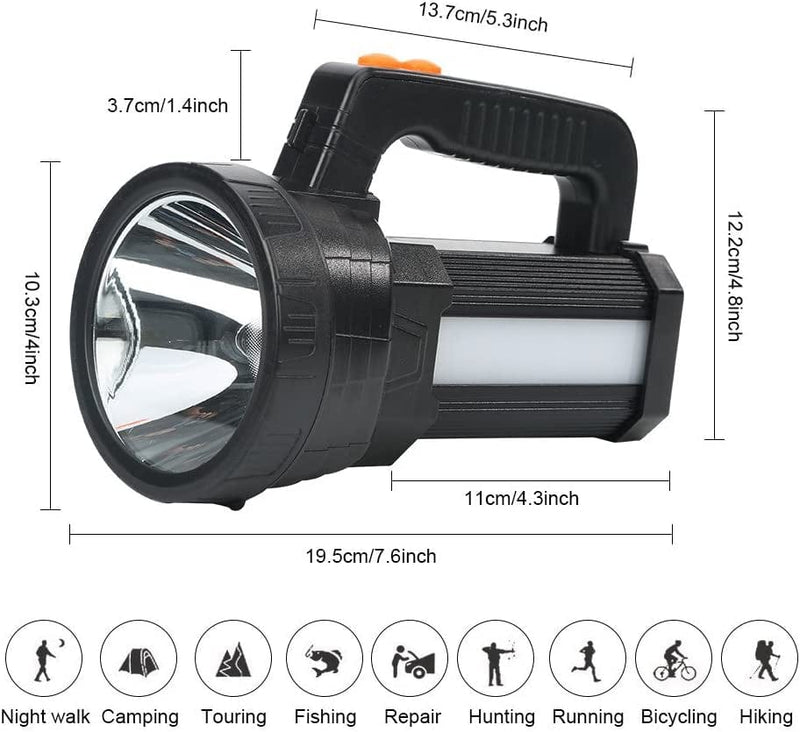 BIGSUN Bright LED Rechargeable Flashlight 9600Mah Brightest Hand Held Spotlight Tactical High Power Searchlight (Black)