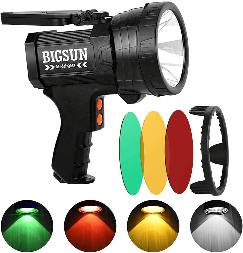BIGSUN Rechargeable LED Spotlight with Red/Yellow/Green Lens, High Lumens Flashlight, 10800mAh Power Bank, With Red Lens, Side Floodlamp & Red Blue Warning Lamp for Home Security, Camping, Hunting,Car Home & Garden > Lighting > Flood & Spot Lights BIGSUN Q953+3Colors Lens  