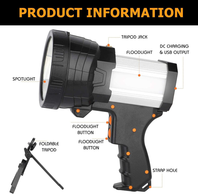 BIGSUN Super Bright Rechargeable Spotlight 6000 Lumens Led Flashlight High Power Waterproof Handheld Searchlight with Camping Lantern and Power Bank Function