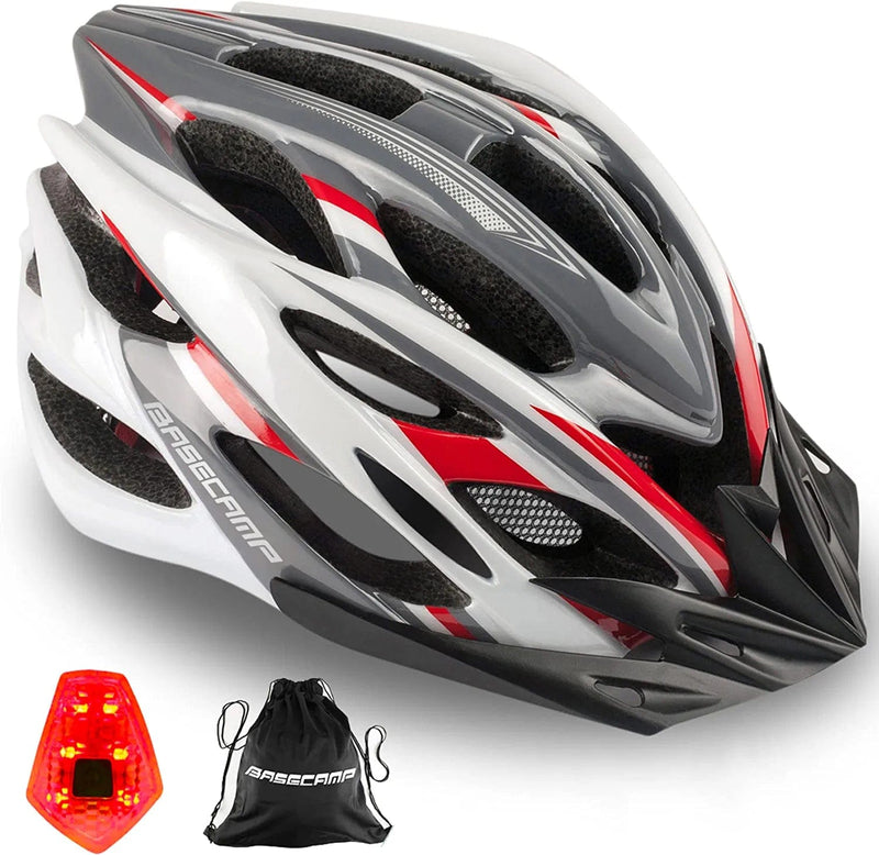 Bike Helmet, Basecamp Bicycle Helmet with LED Rear Light Removable Sun Visor Portable Backpack Lightweight Breathable Cycling Helmet Adjustable Size for Adult Men Women Mountain & Road (BC-10) Sporting Goods > Outdoor Recreation > Cycling > Cycling Apparel & Accessories > Bicycle Helmets Basecamp WhiteRedGray  