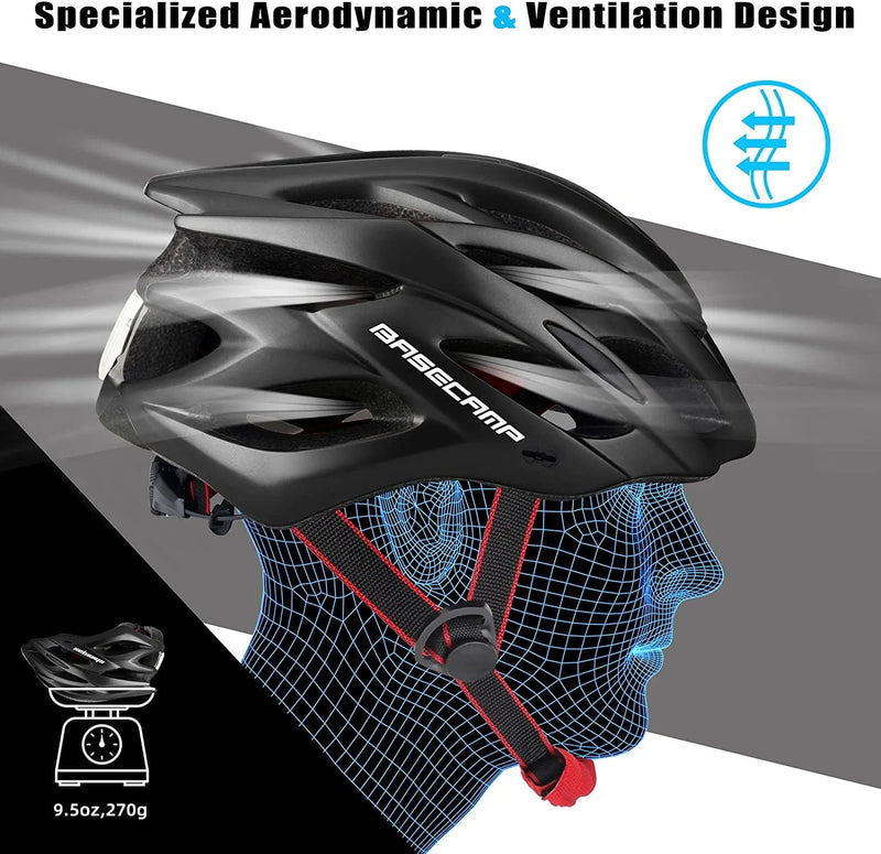Bike Helmet, Basecamp Bicycle Helmet with LED Rear Light Removable Sun Visor Portable Backpack Lightweight Breathable Cycling Helmet Adjustable Size for Adult Men Women Mountain & Road (BC-10) Sporting Goods > Outdoor Recreation > Cycling > Cycling Apparel & Accessories > Bicycle Helmets Basecamp   