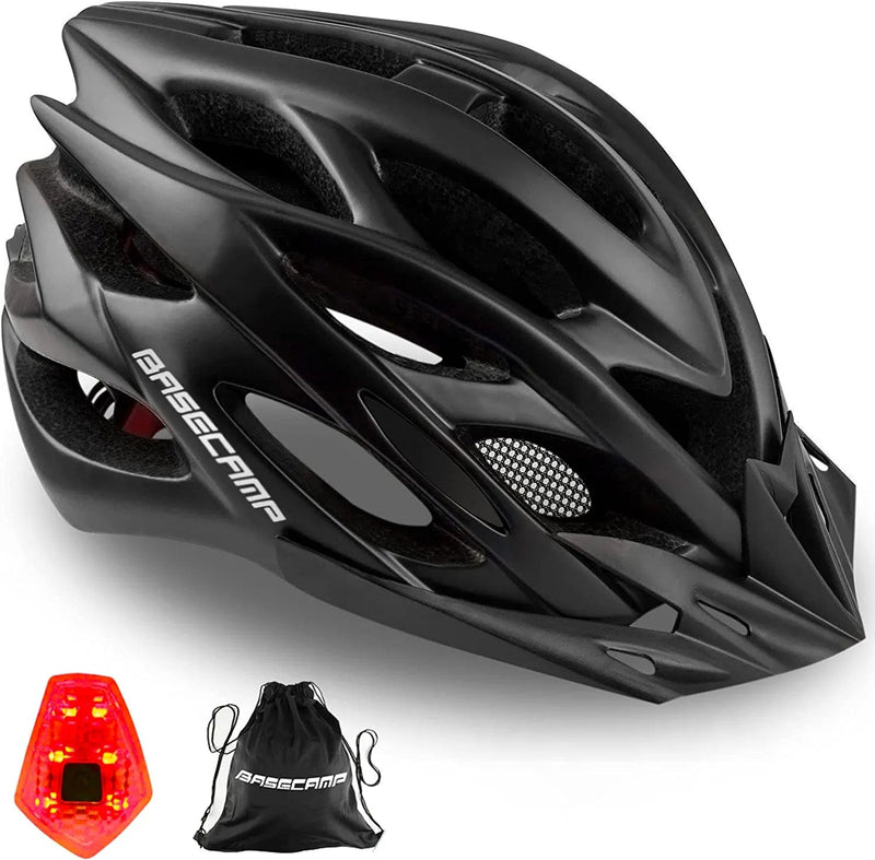Bike Helmet, Basecamp Bicycle Helmet with LED Rear Light Removable Sun Visor Portable Backpack Lightweight Breathable Cycling Helmet Adjustable Size for Adult Men Women Mountain & Road (BC-10) Sporting Goods > Outdoor Recreation > Cycling > Cycling Apparel & Accessories > Bicycle Helmets Basecamp Black  