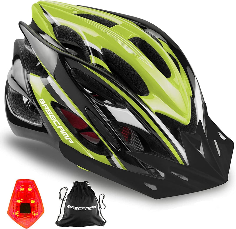 Bike Helmet, Basecamp Bicycle Helmet with LED Rear Light Removable Sun Visor Portable Backpack Lightweight Breathable Cycling Helmet Adjustable Size for Adult Men Women Mountain & Road (BC-10) Sporting Goods > Outdoor Recreation > Cycling > Cycling Apparel & Accessories > Bicycle Helmets Basecamp BlackGreen  