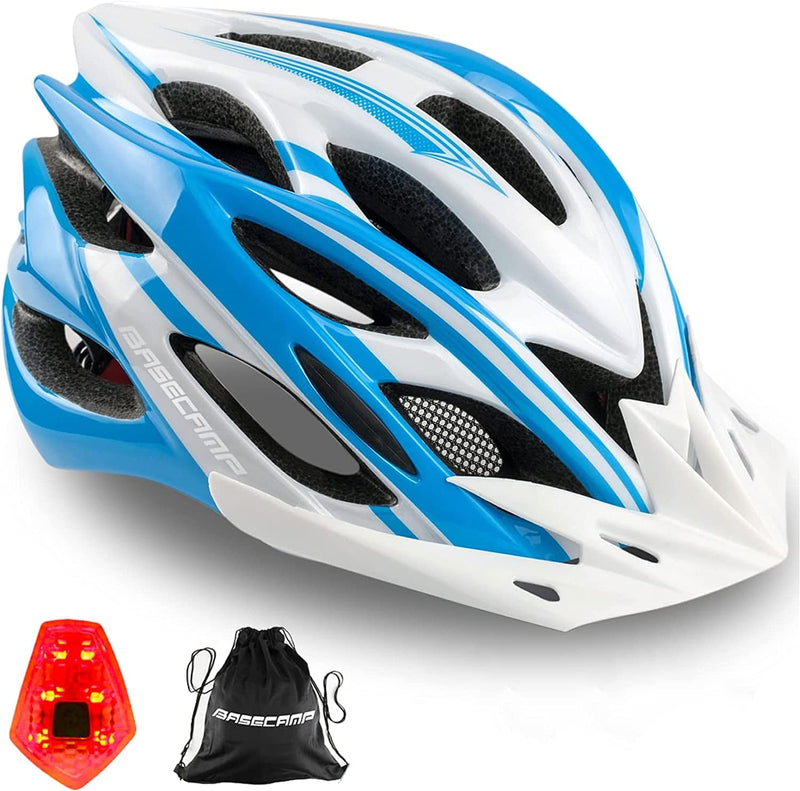 Bike Helmet, Basecamp Bicycle Helmet with LED Rear Light Removable Sun Visor Portable Backpack Lightweight Breathable Cycling Helmet Adjustable Size for Adult Men Women Mountain & Road (BC-10) Sporting Goods > Outdoor Recreation > Cycling > Cycling Apparel & Accessories > Bicycle Helmets Basecamp BlueWhite  
